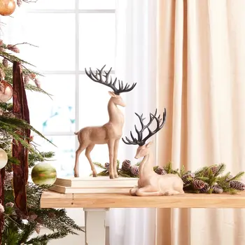 Set of Two Brown And Black Polyresin Deer Figurine