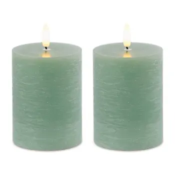 Set of Two Green Flameless Pillar Candles