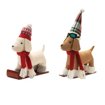 Set of Two Red White And Green Fabric Dog Tabletop Sculpture