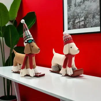 Set of Two Red White And Green Fabric Dog Tabletop Sculpture