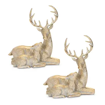 Set of Two Gold And White Polyresin Deer Figurine