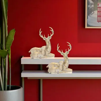 Set of Two Gold And White Polyresin Deer Figurine