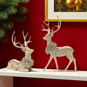 Set of Two Gold And Gray Polyresin Deer Figurine