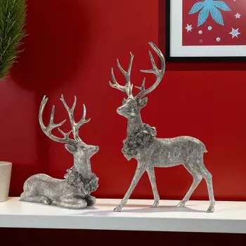 Set of Two Silver And Black Polyresin Deer Figurine