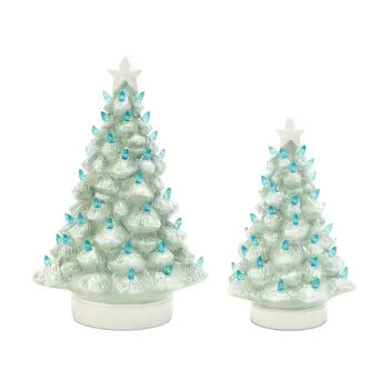 Set of Two Blue And White Ceramic Tabletop Sculpture with LED