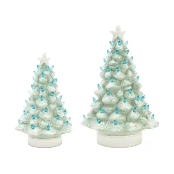 Set of Two Blue And White Ceramic Tabletop Sculpture with LED