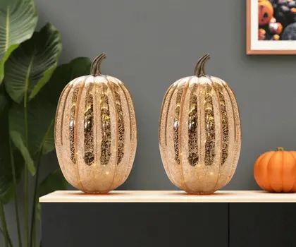 Set of Two Orange Glass Tabletop Sculpture with LED