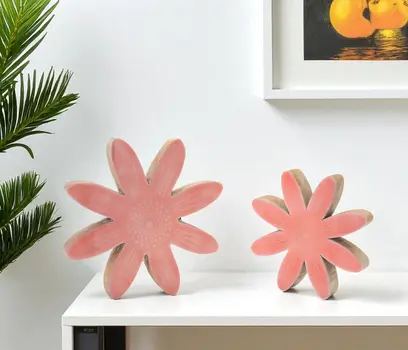 Set of Two Pink And Beige Wood Tabletop Sculpture