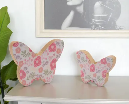 Set of Two White And Pink Wood Tabletop Sculpture