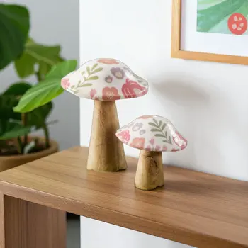 Set of Two Brown Pink And Green Wood Tabletop Sculpture