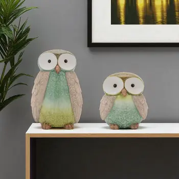 Set of Two Green And Blue Terracotta Owl Tabletop Sculpture