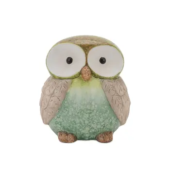 Set of Two Green And Blue Terracotta Owl Tabletop Sculpture