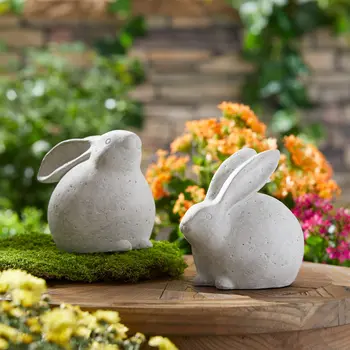 Set of Two Gray Polyresin Rabbit Figurine