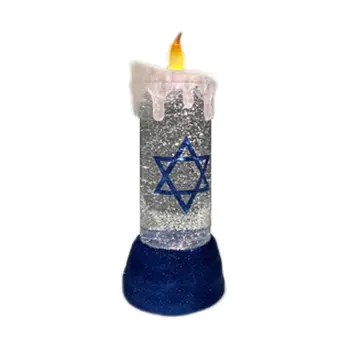 10" Blue And White Flameless Hanukkah Pillar Candle With Blue And White Holder