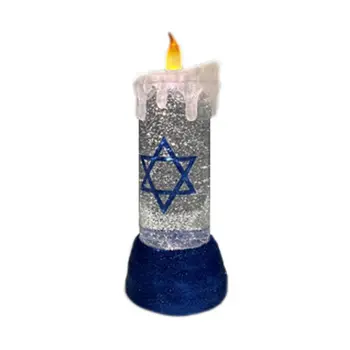 10" Blue And White Flameless Hanukkah Pillar Candle With Blue And White Holder