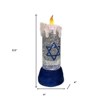 10" Blue And White Flameless Hanukkah Pillar Candle With Blue And White Holder