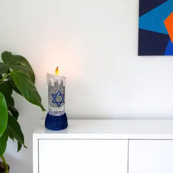 10" Blue And White Flameless Hanukkah Pillar Candle With Blue And White Holder