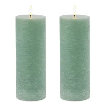 Set of Two Green Flameless Pillar Candles
