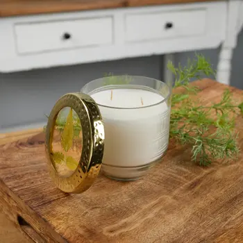 4" White Scented Dripless Two Wick Designer Candle With Clear And Gold Holder