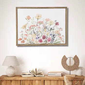 24" X 32" Natural And White Flower Bouquet Metal And Wood Framed Art