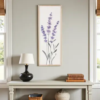 32" X 12" Natural White And Lavender Floral Wood Framed Art