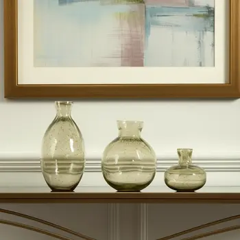 Set of Three Sage Green Seeded Bubble Glass Table Vases