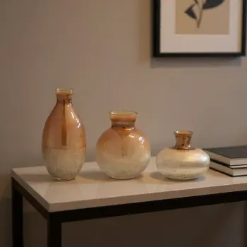 Set of Three Beige And Brown Crackle Glaze Glass Table Vases