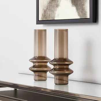 Set of Two Translucent Taupe Glass Cylinder Table Vases