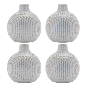 Set of Four Natural And Off White Ceramic Bud Vases With Sculptural Details