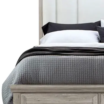 Natural and Light Gray Wood And Upholstery King Bed Frame With Drawers