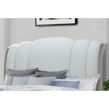 Natural and Light Gray Distressed Wood And Upholstery Queen Bed Frame With Drawers