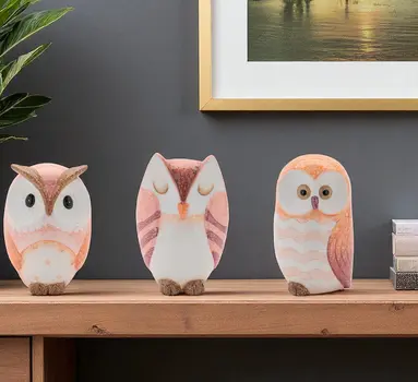 Set of Three Pink And Beige Terracotta Owl Tabletop Sculpture