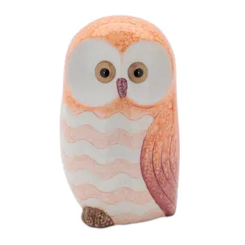 Set of Three Pink And Beige Terracotta Owl Tabletop Sculpture