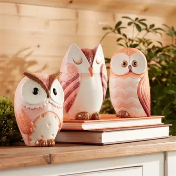 Set of Three Pink And Beige Terracotta Owl Tabletop Sculpture
