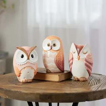 Set of Three Pink And Beige Terracotta Owl Tabletop Sculpture