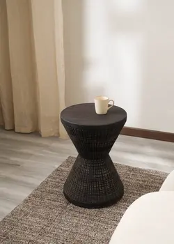 22" Black Distressed Solid Wood Round Drum End Table