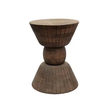 22" Brown Distressed Solid Wood Round Drum End Table