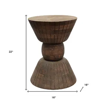 22" Brown Distressed Solid Wood Round Drum End Table