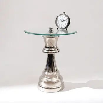 21" Clear and Silver Glass and Aluminum Chess Queen End Table