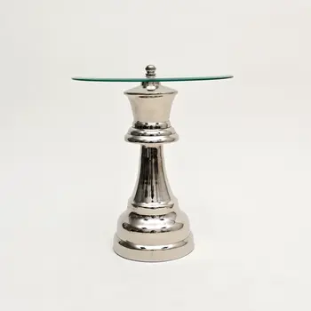 21" Clear and Silver Glass and Aluminum Chess Queen End Table
