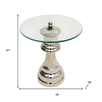 21" Clear and Silver Glass and Aluminum Chess Queen End Table