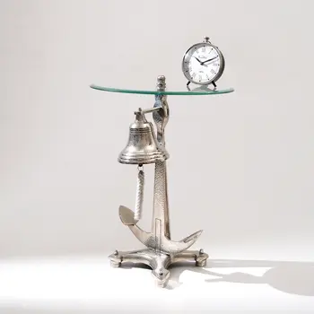 24" Clear and Silver Glass and Aluminum Nautical Bell End Table