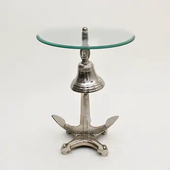 24" Clear and Silver Glass and Aluminum Nautical Bell End Table