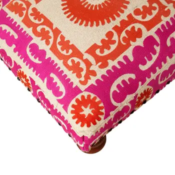 16" Pink Orange And Natural Cotton Embroidered Medallion Footstool