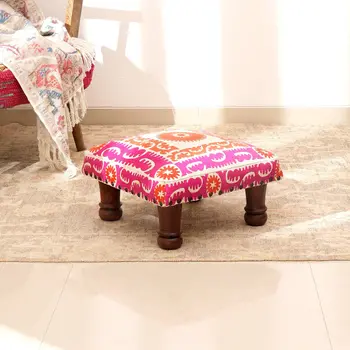 16" Pink Orange And Natural Cotton Embroidered Medallion Footstool