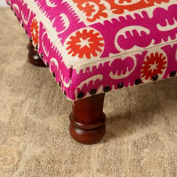 16" Pink Orange And Natural Cotton Embroidered Medallion Footstool