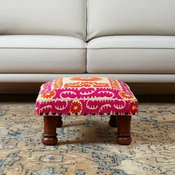16" Pink Orange And Natural Cotton Embroidered Medallion Footstool