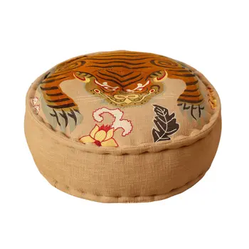 24" Beige and Brown Cotton Round Tiger Print Pouf Ottoman