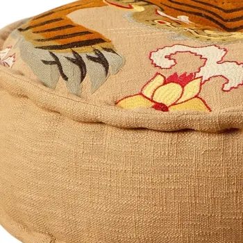 24" Beige and Brown Cotton Round Tiger Print Pouf Ottoman