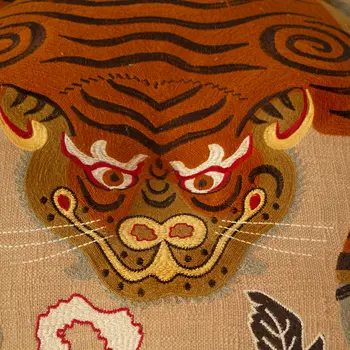 24" Beige and Brown Cotton Round Tiger Print Pouf Ottoman